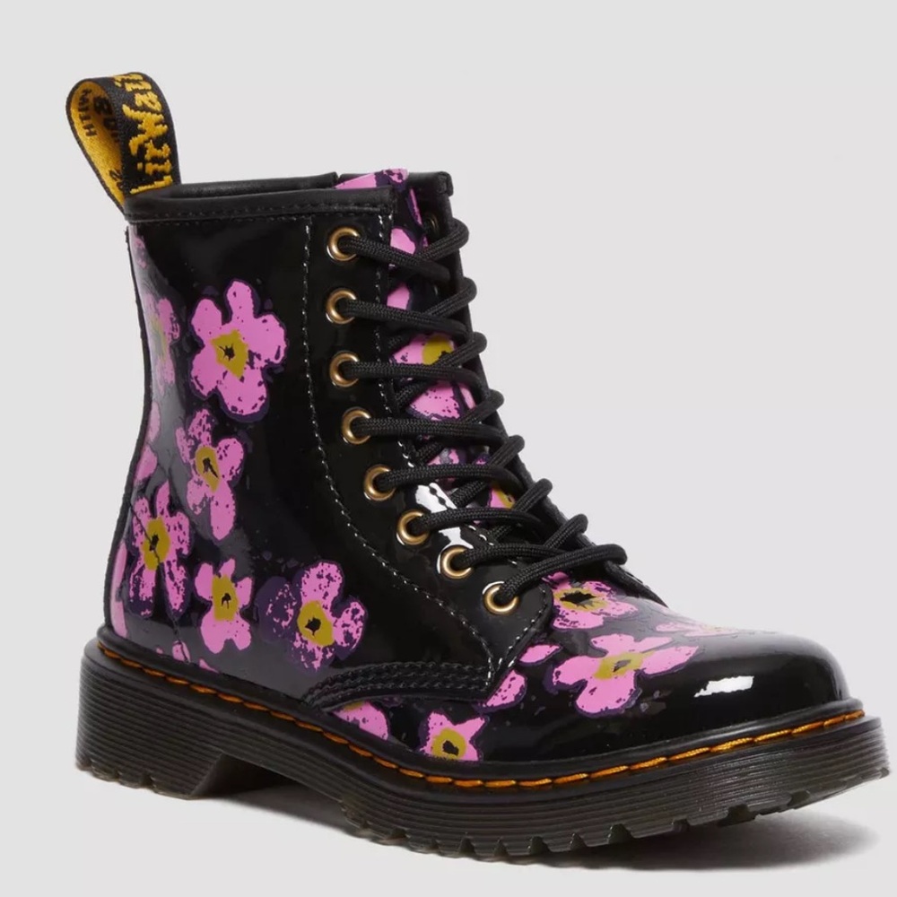 Dr. Martens Kids Black Patent Floral Lace-Up Boots with Pink Flowers